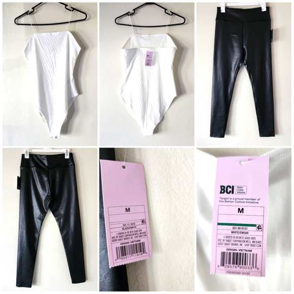 WILD FABLE BUNDLE Black Faux Leather Leggings White Ribbed Thong Bodysuit Size M - Picture 1 of 17